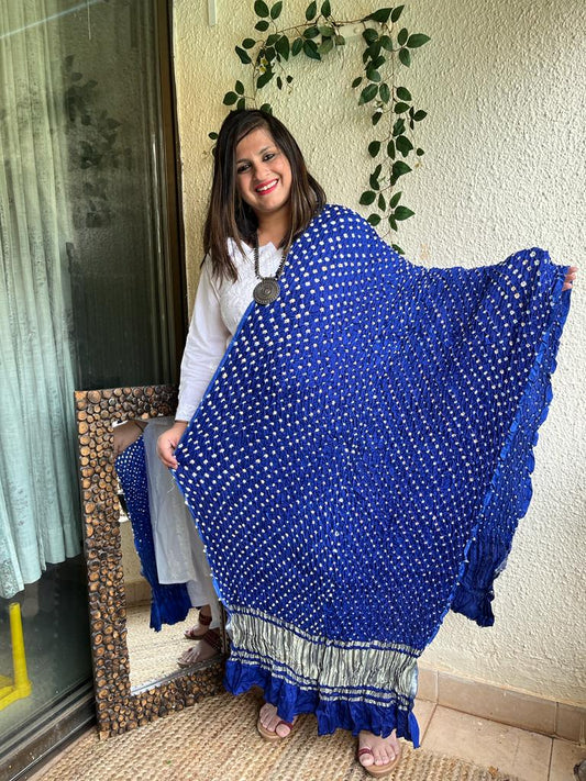 BLUE SILK BANDHANI DUPATTA WITH ZARI BORDER