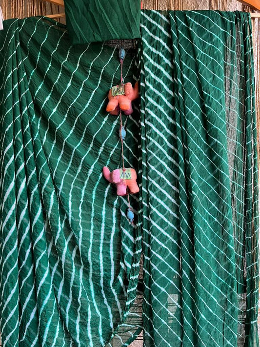 BOTTLE GREEN LEHERIYA HANDCRAFTED CHIFFON SARI CL-1010