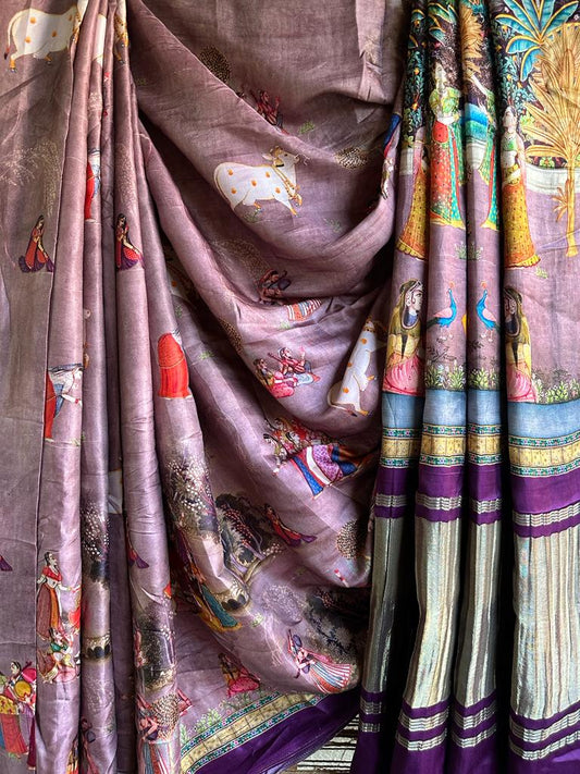 PURPLE PICHWAI MODAL SILK PATOLA PRINT SARI WITH ZARI BORDER