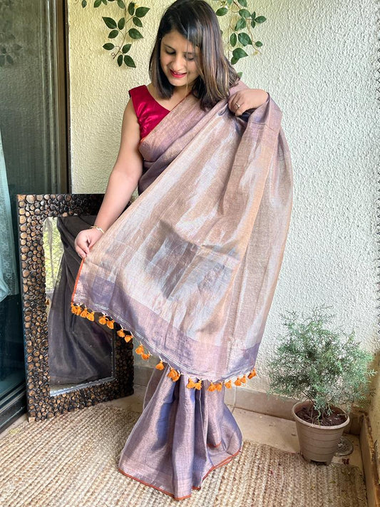 PURPLE LINEN ZARI SARI WITH WOVEN YELLOW BORDER & TASSEL