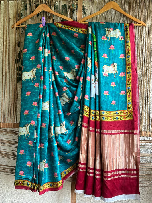 SEA GREEN PICHWAI MODAL SILK PATOLA PRINT SARI WITH ZARI BORDE