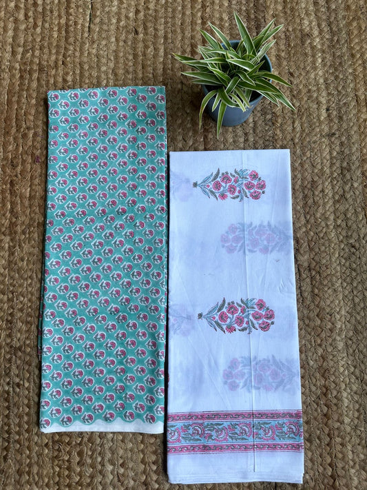 GREEN WITH ROSE JAIPUR HANDBLOCK COTTON KURTA WITH BOTTOM CORD SET