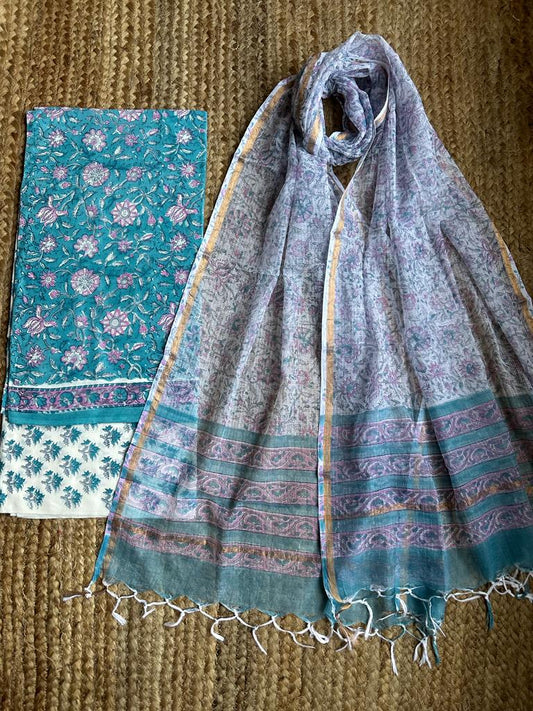 PASTEL BLUE KOTA HANDBLOCK SUIT SET