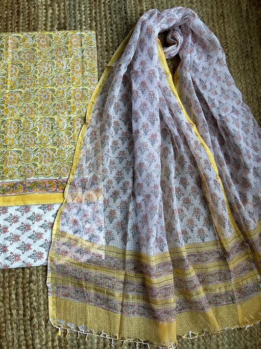 YELLOW WHITE KOTA HANDBLOCK SUIT SET
