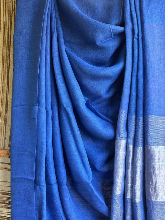 ROYAL BLUE LINEN COTTON SARI WITH WOVEN WHITE BORDER & ORANGE TASSELS