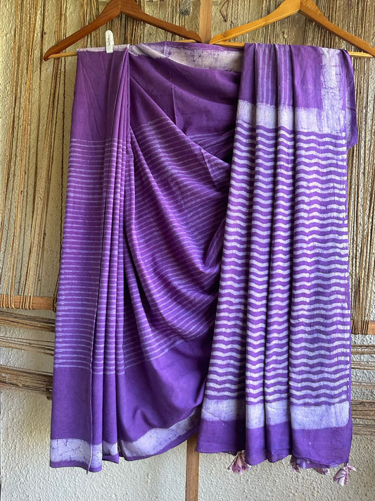 PURPLE LINE MULL COTTON HANDCRAFTED SAREE