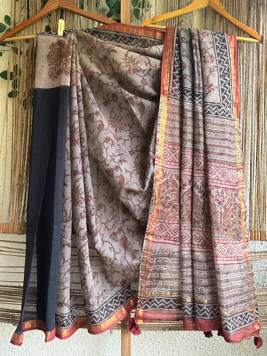 MAROON BEIGE KOTA DORIA HANDBLOCK SARI