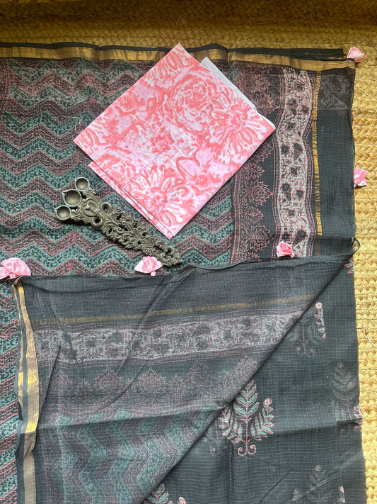 BLACK PINKISH KOTA DORIA HANDBLOCK SARI