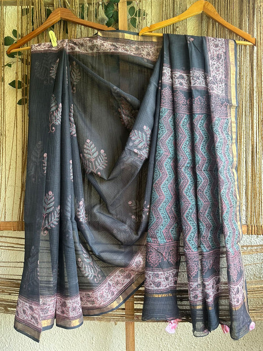 BLACK PINKISH KOTA DORIA HANDBLOCK SARI