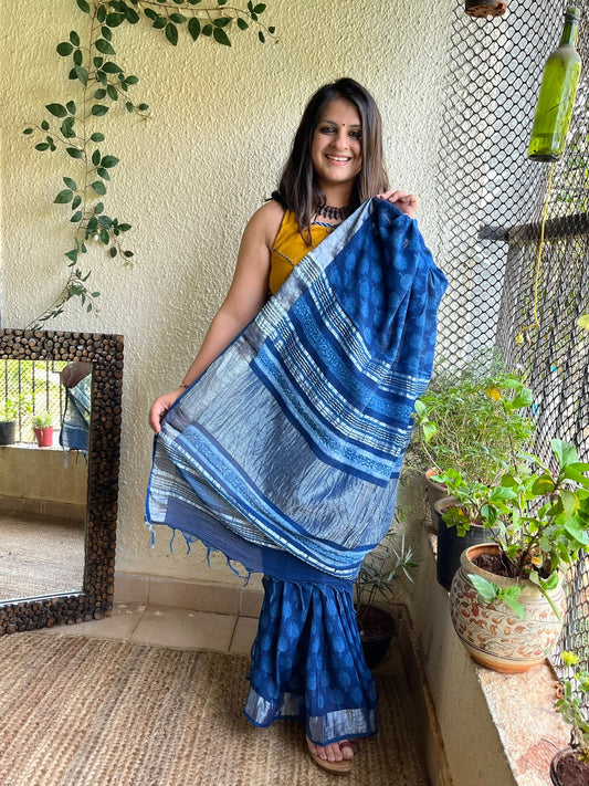INDIGO AKOLA LINEN ZARI WOVEN HANDBLOCK SARI