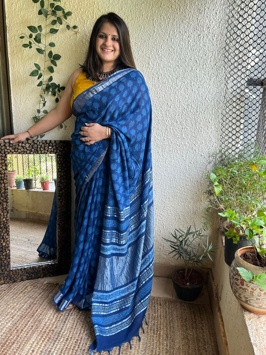 INDIGO AKOLA LINEN ZARI WOVEN HANDBLOCK SARI