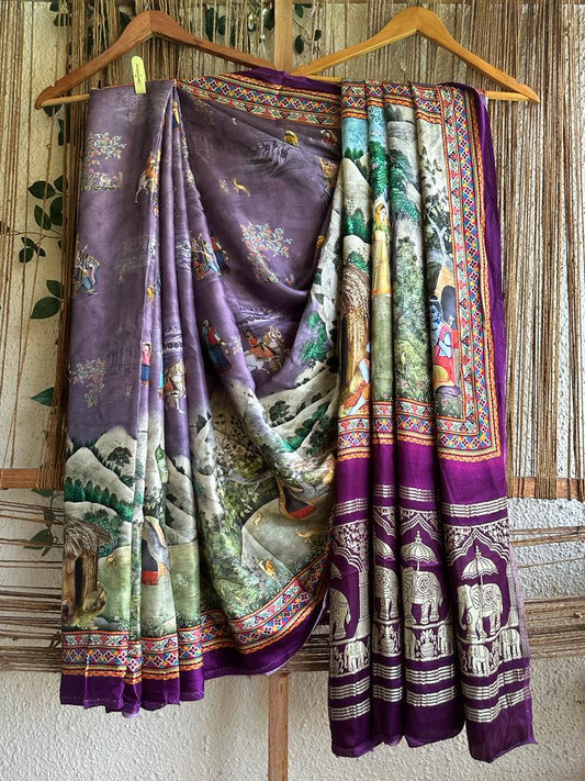 PURPLE PICHWAI MODAL SILK PATOLA PRINT SARI WITH ZARI BORDER PMS- 1067