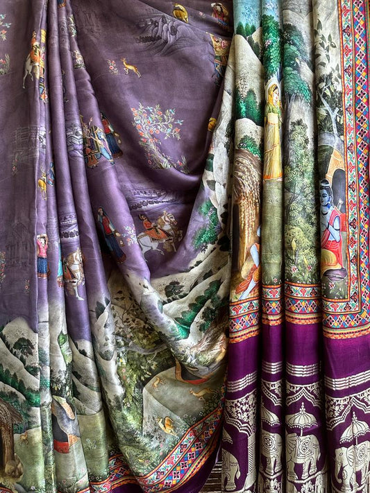 PURPLE PICHWAI MODAL SILK PATOLA PRINT SARI WITH ZARI BORDER PMS- 1067