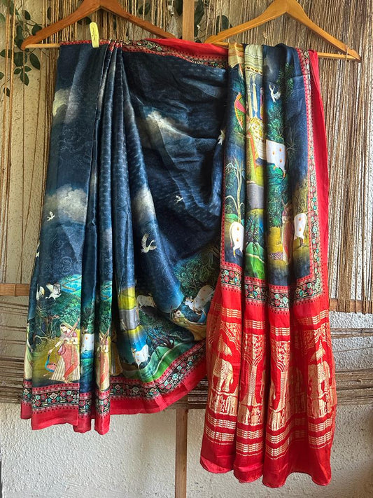 ROYAL BLUE AND RED PICHWAI MODAL SILK PATOLA PRINT SARI WITH ZARI BORDER PMS- 1063