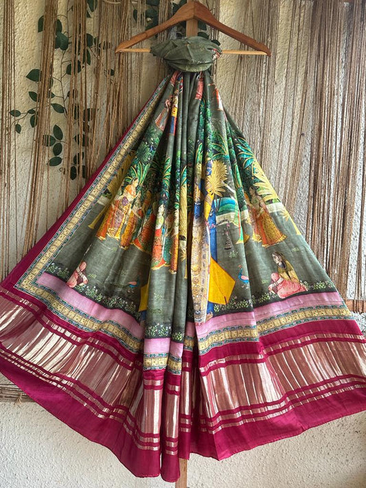 Grey patola print modal silk dupatta or