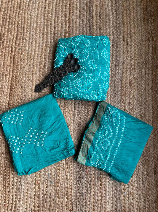 TURQOUISE GREEN COTTON RAI BANDHANI SUIT SET