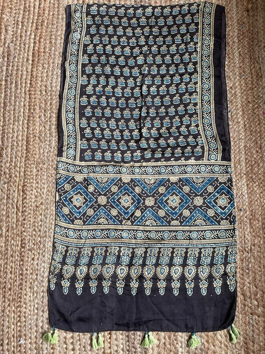 BLACK GREEN MODAL SILK AJRAKH STOLE