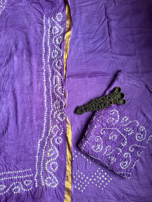 PURPLE COTTON RAI BANDHANI SUIT SET