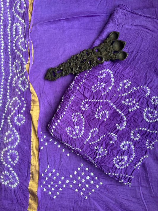 PURPLE COTTON RAI BANDHANI SUIT SET