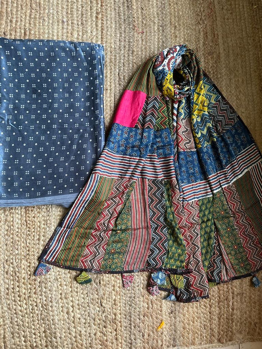 GREY MASHRU SILK KURTA WITH PATCHWORK AJRAKH MODAL SILK DUPATTA