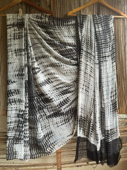 WHITE BLACK SHIBORI HANDCRAFTED CHIFFON SARI CL-44