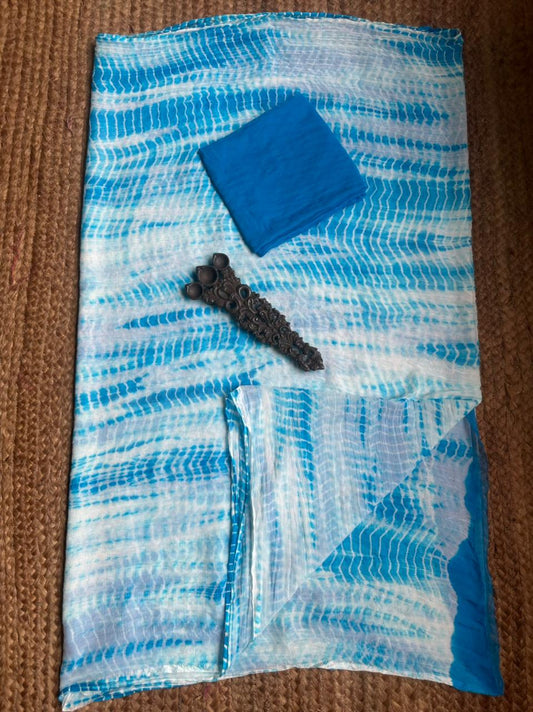 WHITE BLUE SHIBORI HANDCRAFTED CHIFFON SARI CL-41