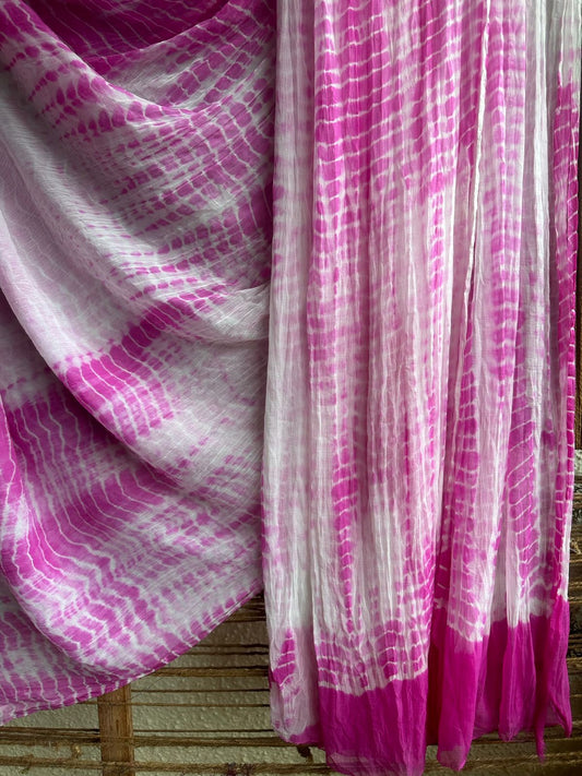 White pink shibori handcrafted chiffon sari