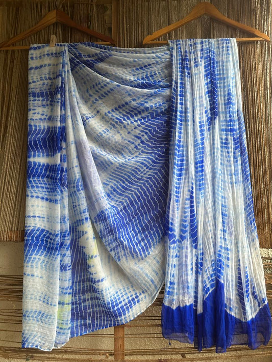 WHITE ROYAL BLUE SHIBORI HANDCRAFTED CHIFFON SARI CL-40