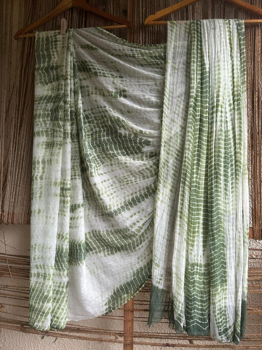 WHITE BOTTLE GREEN SHIBORI HANDCRAFTED CHIFFON SARI CL-33