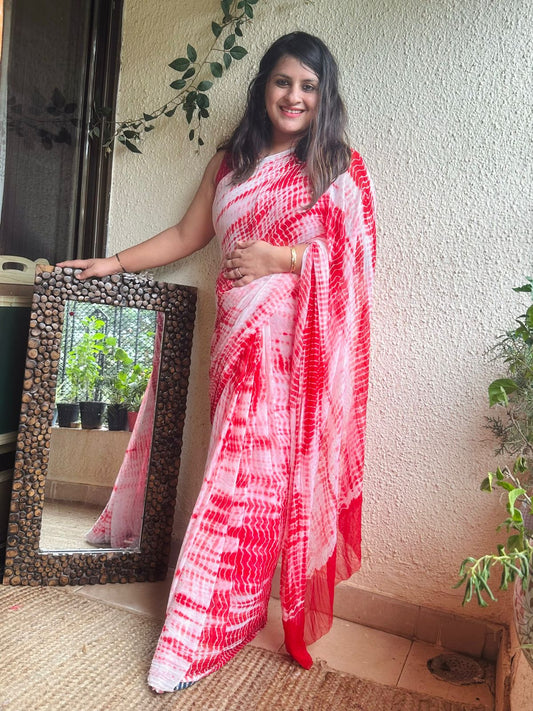 WHITE RED SHIBORI HANDCRAFTED CHIFFON SARI CL-37