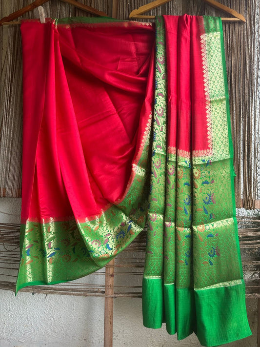 BEAUTIFUL RED GREEN MEENA WORK DUPION BANARASI SILK SAREE