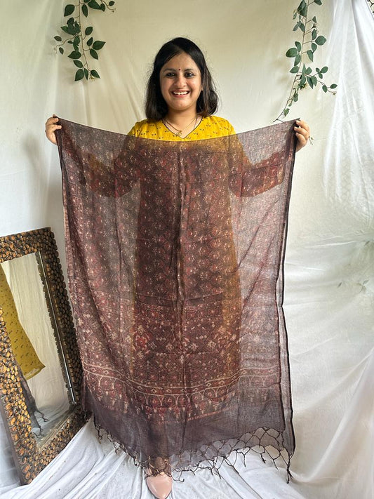 BLACK WITH RED FLOWER KOTA AJRAK HANDCRAFTED DUPATTA