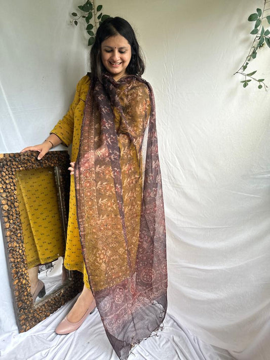 CHIKOO BROWN KOTA AJRAK HANDCRAFTED DUPATTA