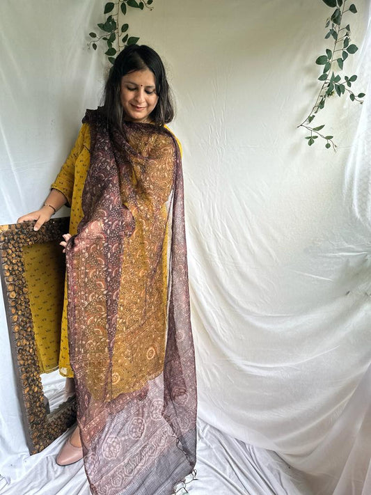 CHIKOO BROWN KOTA AJRAK HANDCRAFTED DUPATTA