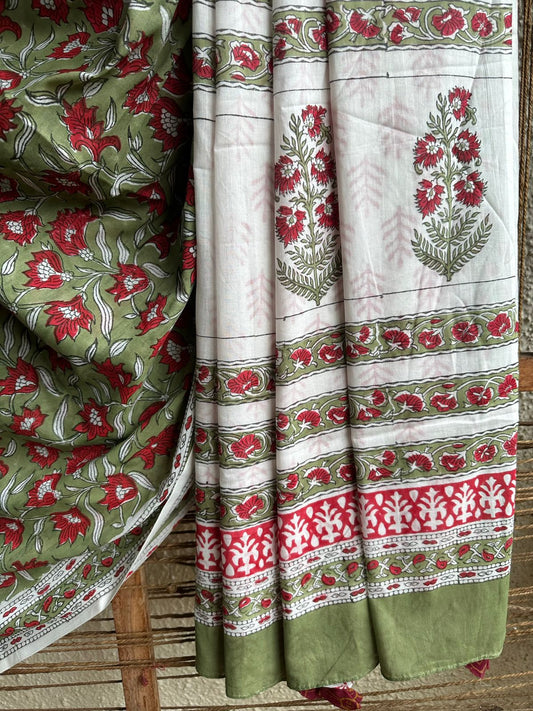 GREEN MULL COTTON HANDCRAFTED SAREE