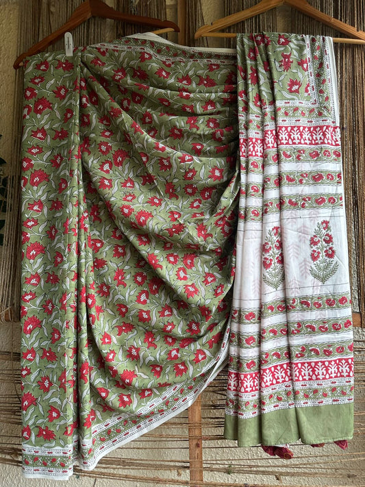 GREEN MULL COTTON HANDCRAFTED SAREE