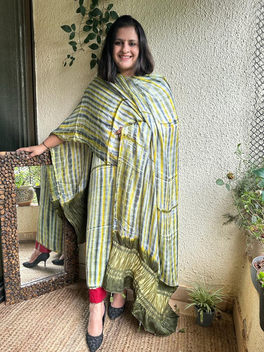 Green Cream Modal Silk Shibori Kurta with Shibori handcrafted Modal Silk Dupatta SMS 110