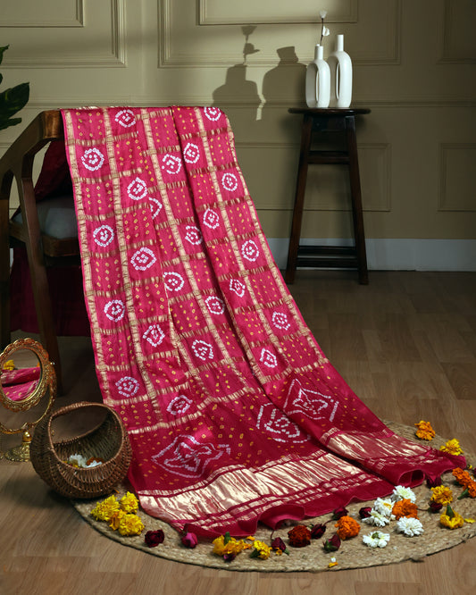 Pink handcrafted modal silk gharchola dupatta
