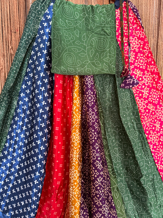 Green mashru silk blouse-with bandhani Patola patchwork  handcrafted mashru silk Skirt