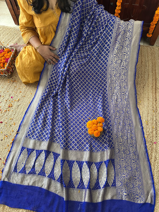 Admiral blue Handwoven NeemZari Bareek Bandhani in Khaddi Georgette dupatta BD-1013