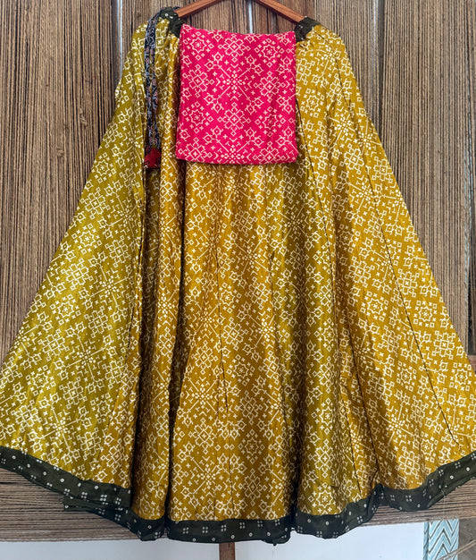 Mustard mashru silk blouse-with bandhani Patola patchwork  handcrafted mashru silk Skirt