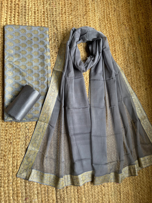 GREY GOLDEN BANARSI COTTON SILK THREE PIECE  SET SUIT no