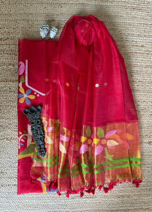 RUBY RED HANDWOVEN JAMDANI PURE MUSLIN SILK KURTA SET MJK-106