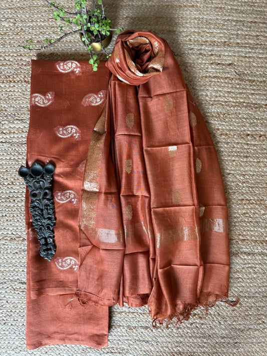 Sienna Brown Chanderi handloom Banarsi Booti three piece suit