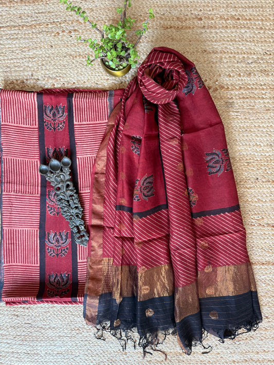 MAROON AJRAKH CONTEMPORARY CHANDERI SILK HANDBLOCK KURTA SET  WITH  COIN  BUTTA DUPATTA