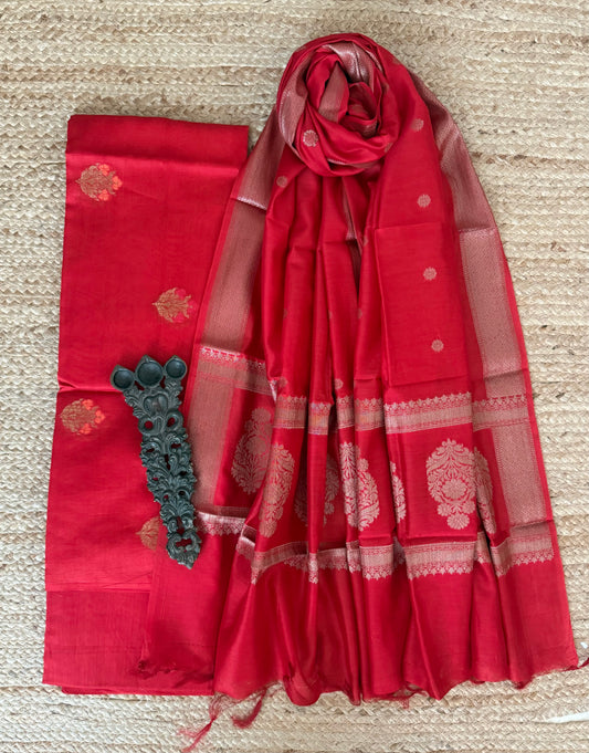 Scarlet Red Chanderi handloom  banarsi booti three piece suit