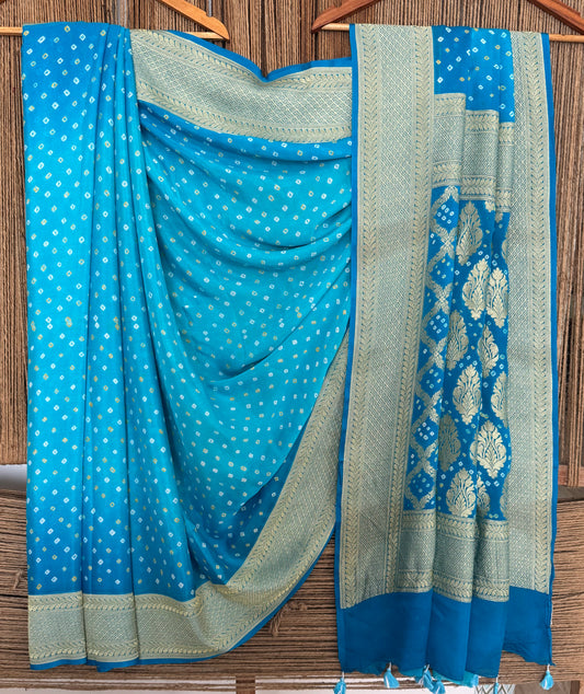 Blue Handwoven Neem Zari Bareek Bandhani Saree with Khaddi Georgette BS- 303