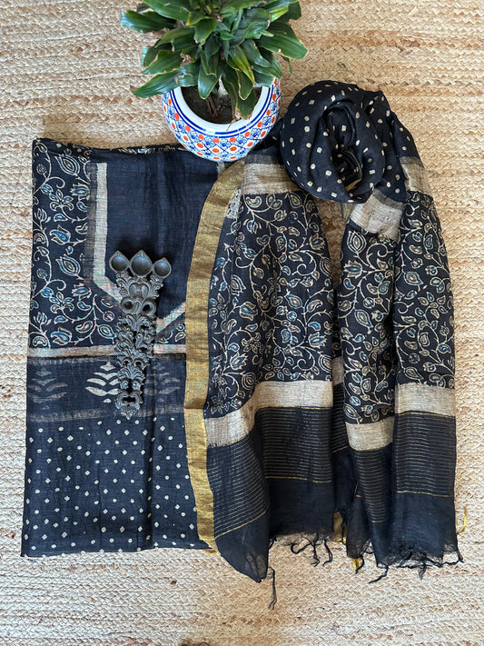 BLACK LINEN AJRAKH SILK HANDBLOCK SUIT SET