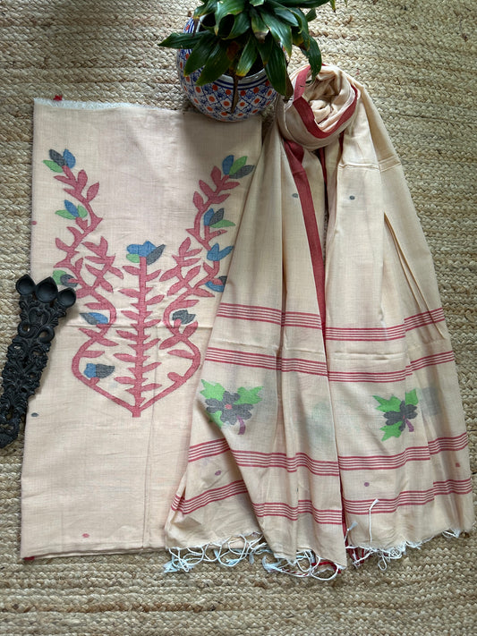 BEIGE JAMDANI WOVEN MULL KURTA SET