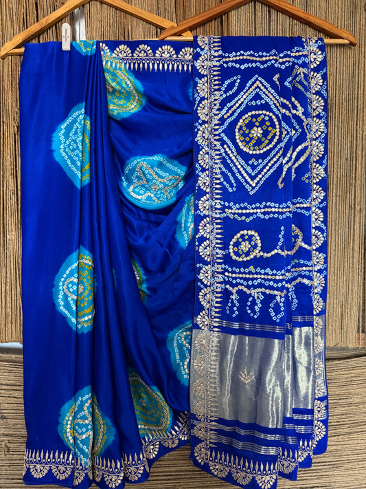 ROYAL BLUE CHAKRA THEME RAI BANDHANI GAJJI SILK SARI WITH HANDEMBROIDERY GOTTA PATTI  BS- 401